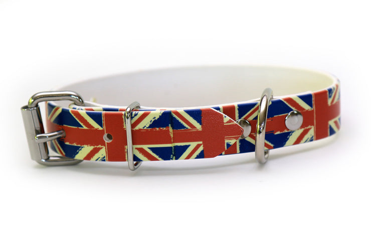 Waterproof Dog Collar - British Flags on 1 inch Biothane - Dee Ring View